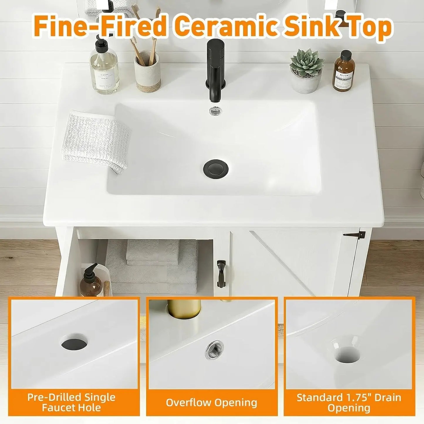 30" Bathroom Vanity with Sink, White Freestanding Vanity for Small Bathrooms, Solid Metal Hinges, Door Organizer, RGB LED Light