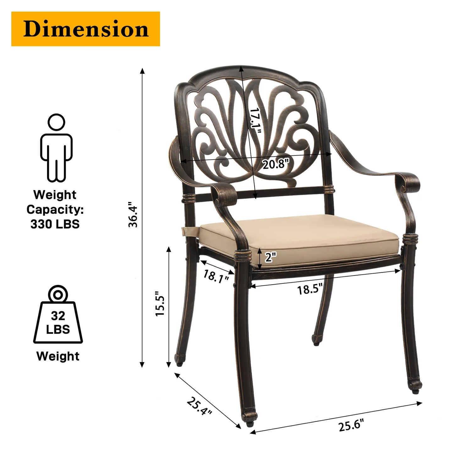 Set of 2 Cast Aluminum Patio Dining Chairs with Cushions, Stackable Outdoor Bistro Chairs for Balcony Backyard Antique Bronze