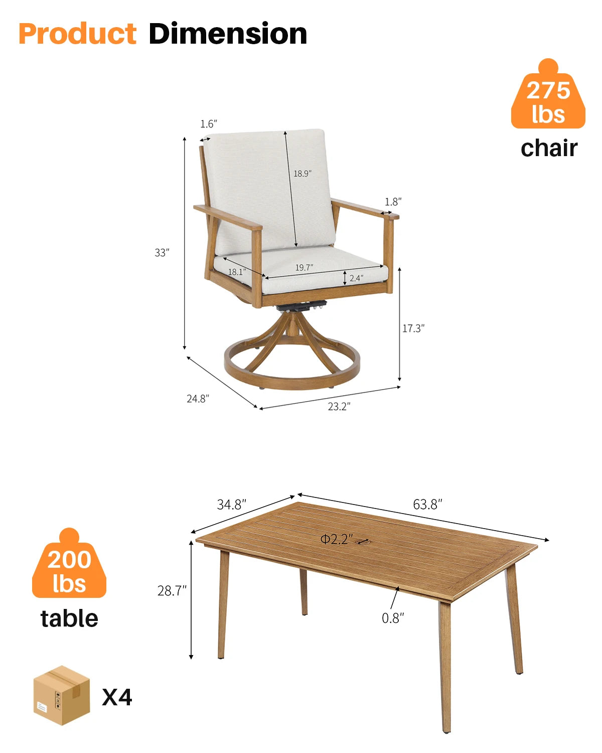 Seehill 7 Pieces Outdoor Furniture Sets, Aluminum Outdoor Dining Table Set with 6 Swivel Chairs for Deck, Pool, Yard, Teak