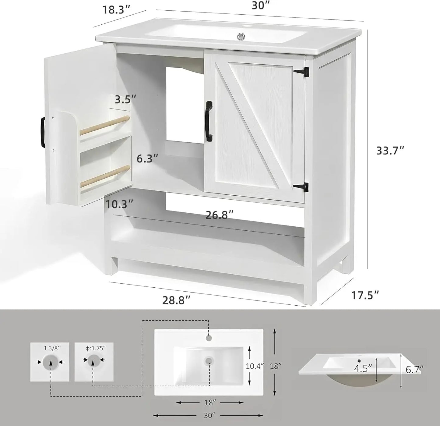 30" Bathroom Vanity with Sink, White Freestanding Vanity for Small Bathrooms, Solid Metal Hinges, Door Organizer, RGB LED Light