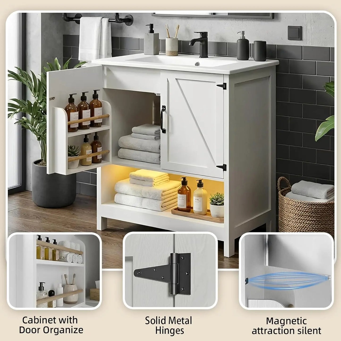 30" Bathroom Vanity with Sink, White Freestanding Vanity for Small Bathrooms, Solid Metal Hinges, Door Organizer, RGB LED Light