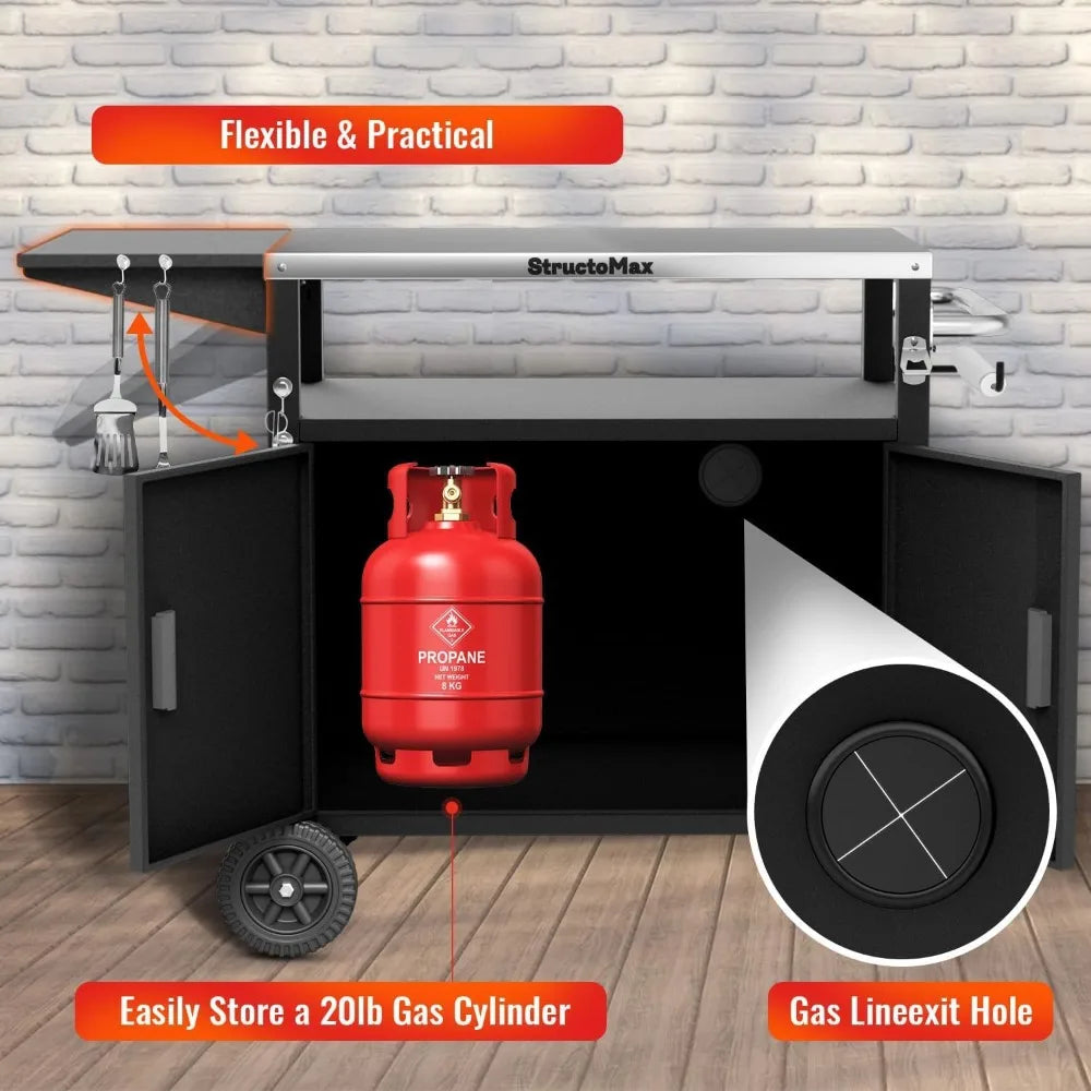XL Outdoor Grill Cart with Cabinet, Stainless Steel Table Top, Spice Rack & Lockable Wheels for BBQ Cooking Prep